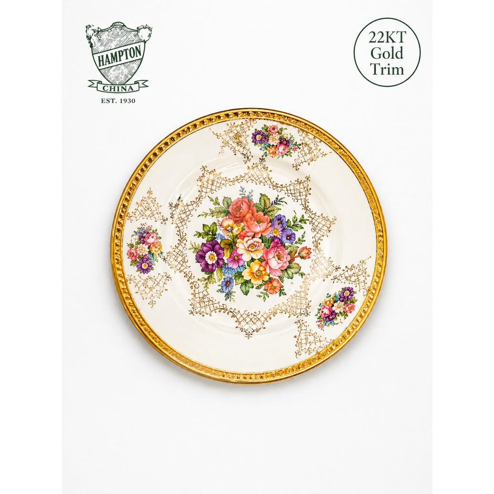Hampton China Floral Plate 22KT Gold Trim Vintage Decorative Dish Made in USA